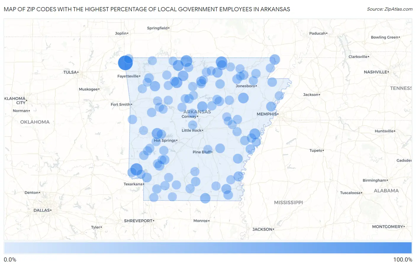 Zip Codes with the Highest Percentage of Local Government Employees in Arkansas Map