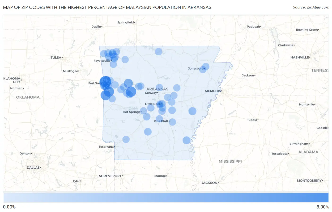 Zip Codes with the Highest Percentage of Malaysian Population in Arkansas Map