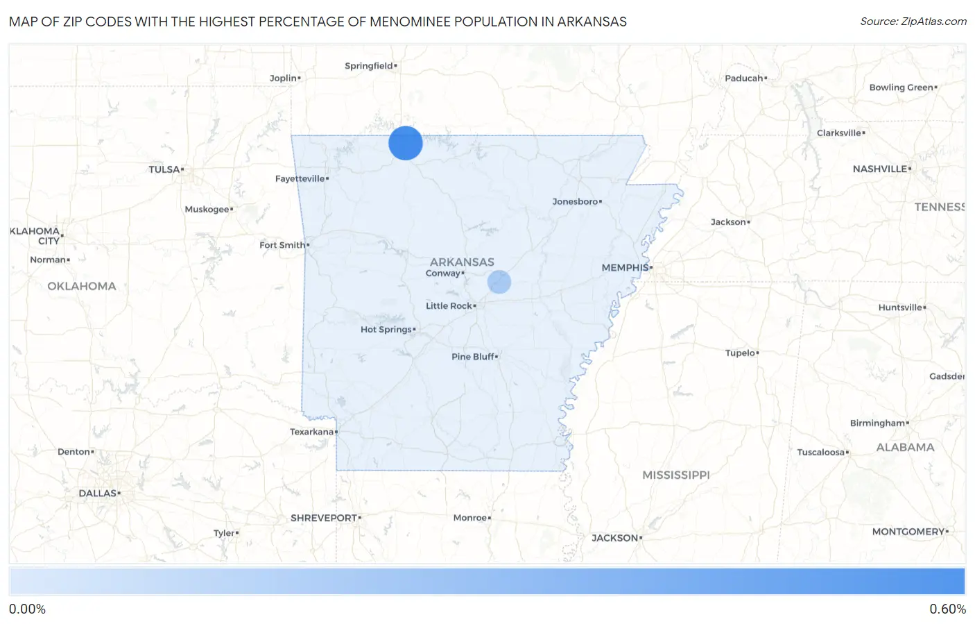 Zip Codes with the Highest Percentage of Menominee Population in Arkansas Map