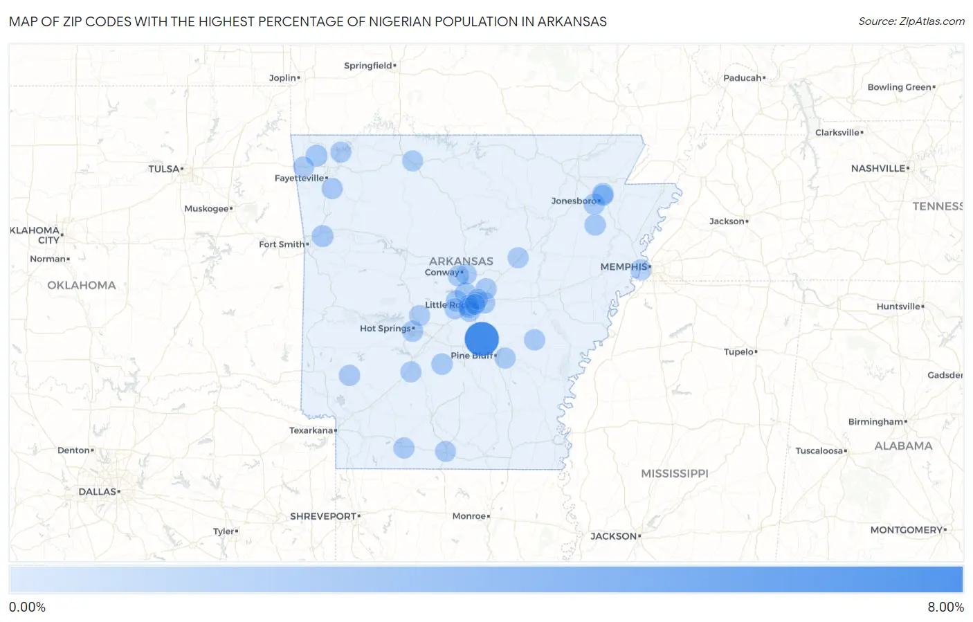 Zip Codes with the Highest Percentage of Nigerian Population in Arkansas Map