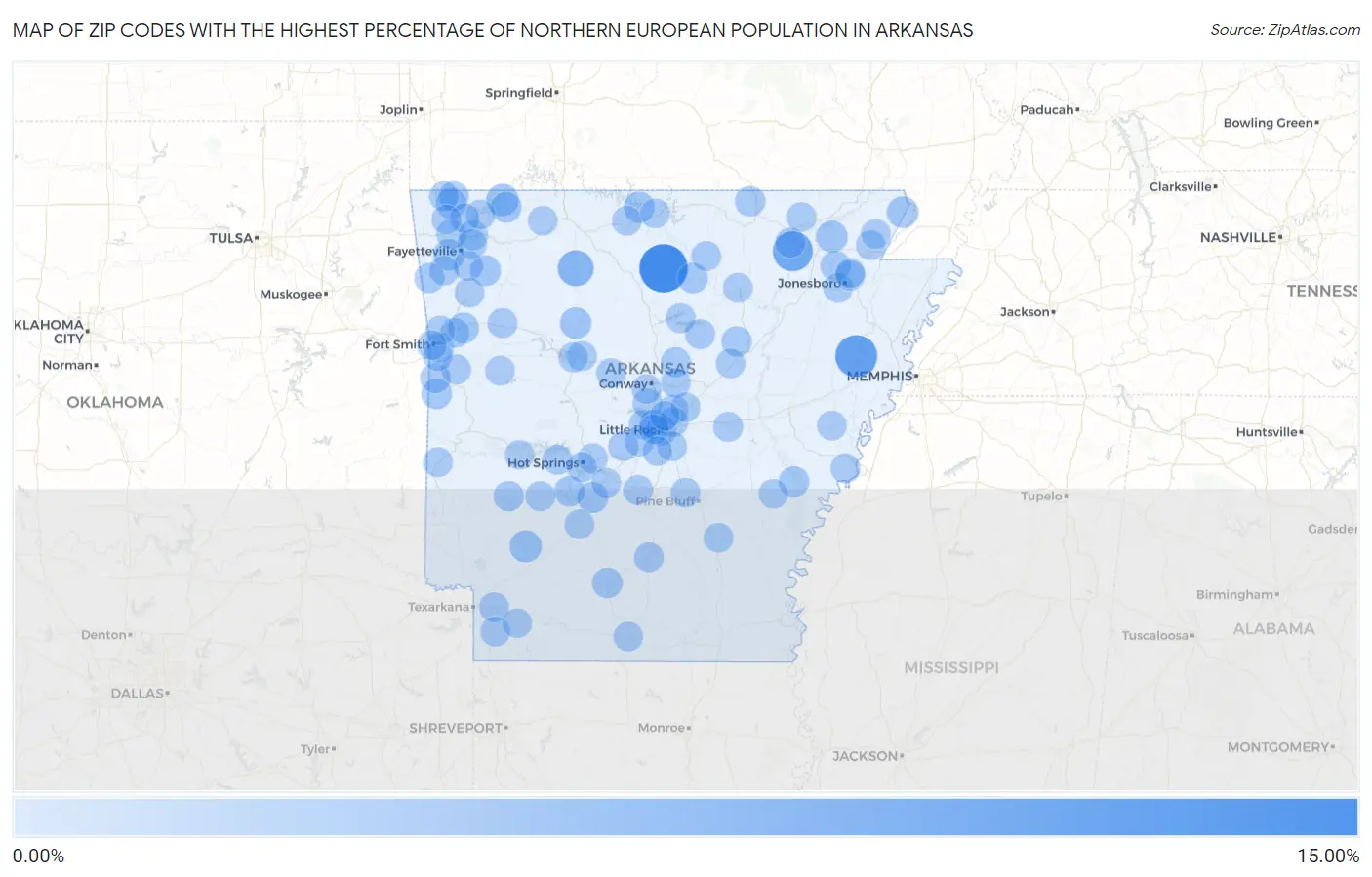 Zip Codes with the Highest Percentage of Northern European Population in Arkansas Map