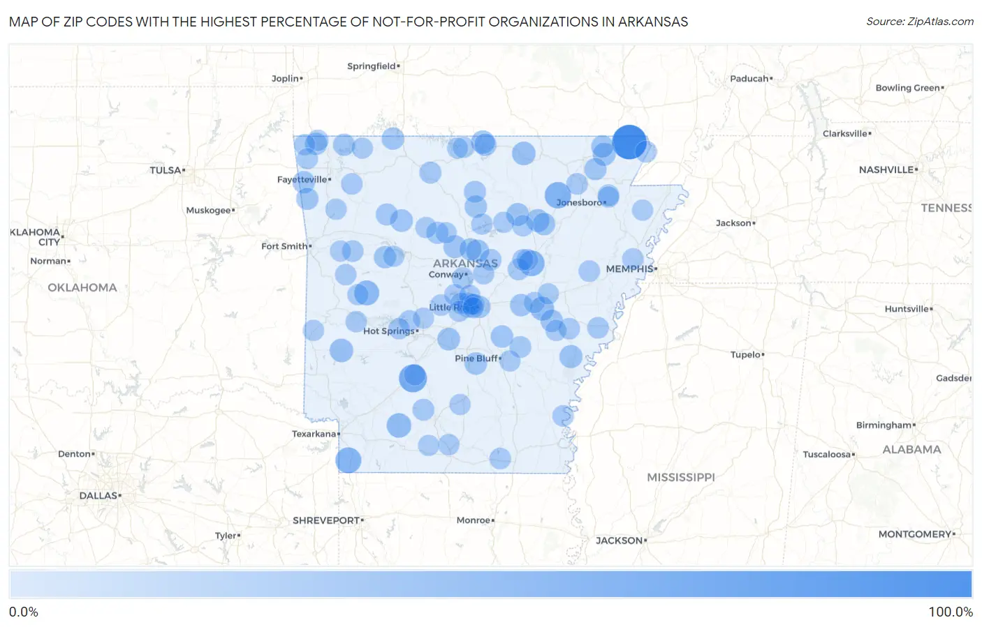Zip Codes with the Highest Percentage of Not-for-profit Organizations in Arkansas Map
