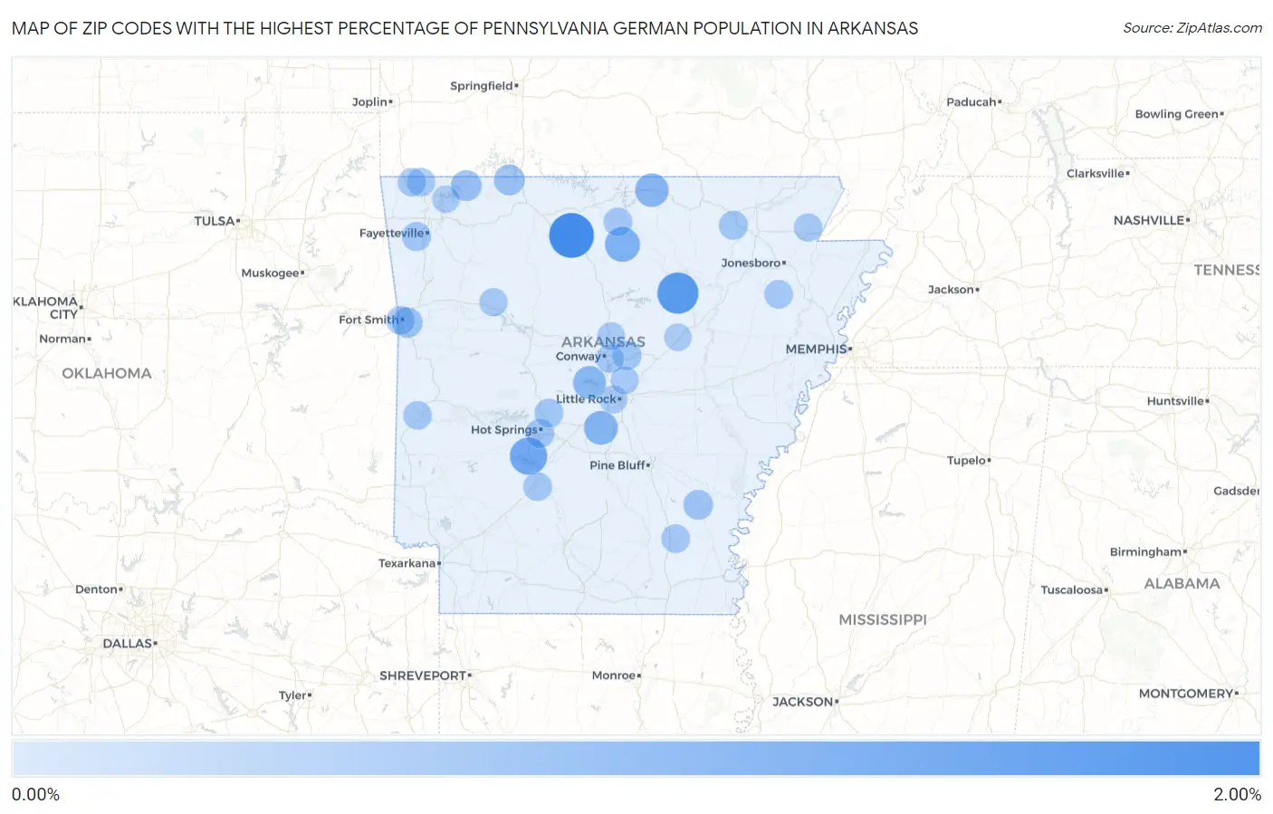 Zip Codes with the Highest Percentage of Pennsylvania German Population in Arkansas Map