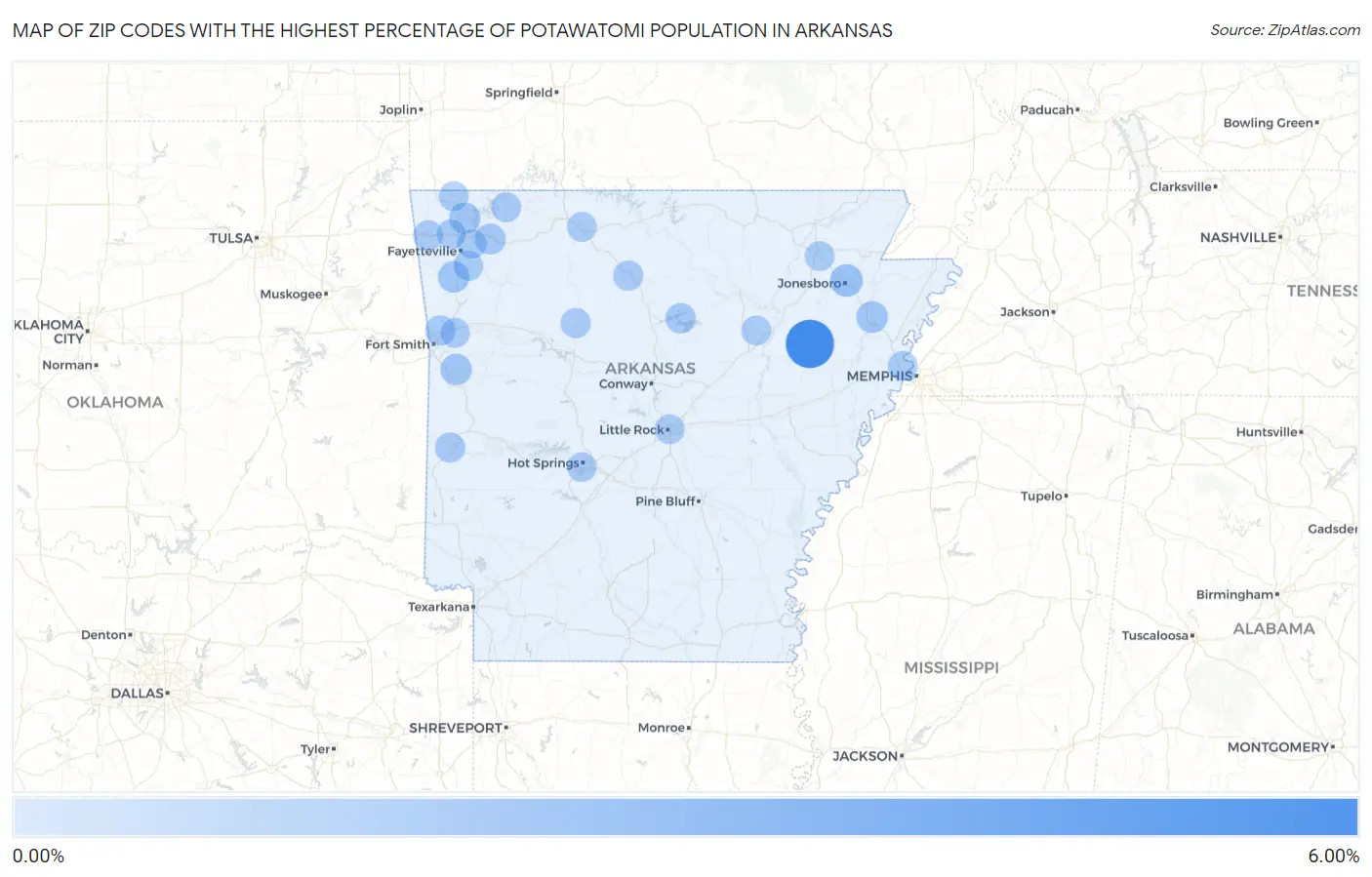 Zip Codes with the Highest Percentage of Potawatomi Population in Arkansas Map