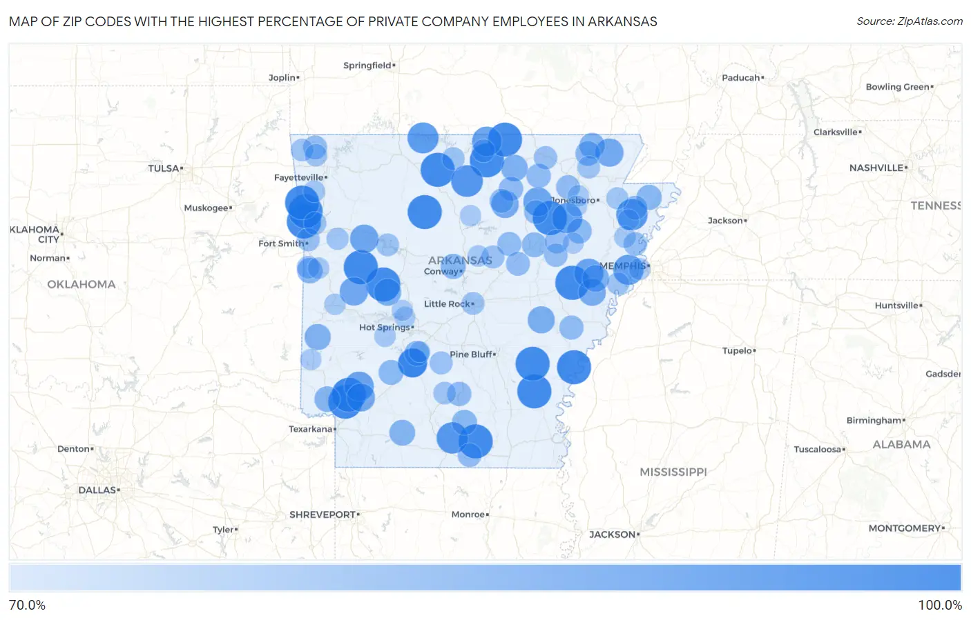 Zip Codes with the Highest Percentage of Private Company Employees in Arkansas Map