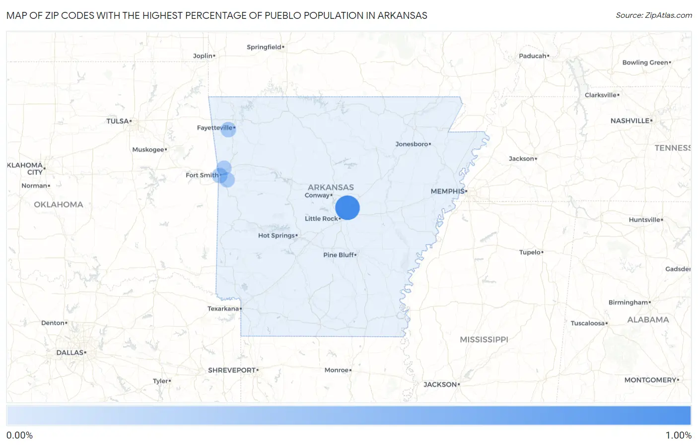 Zip Codes with the Highest Percentage of Pueblo Population in Arkansas Map