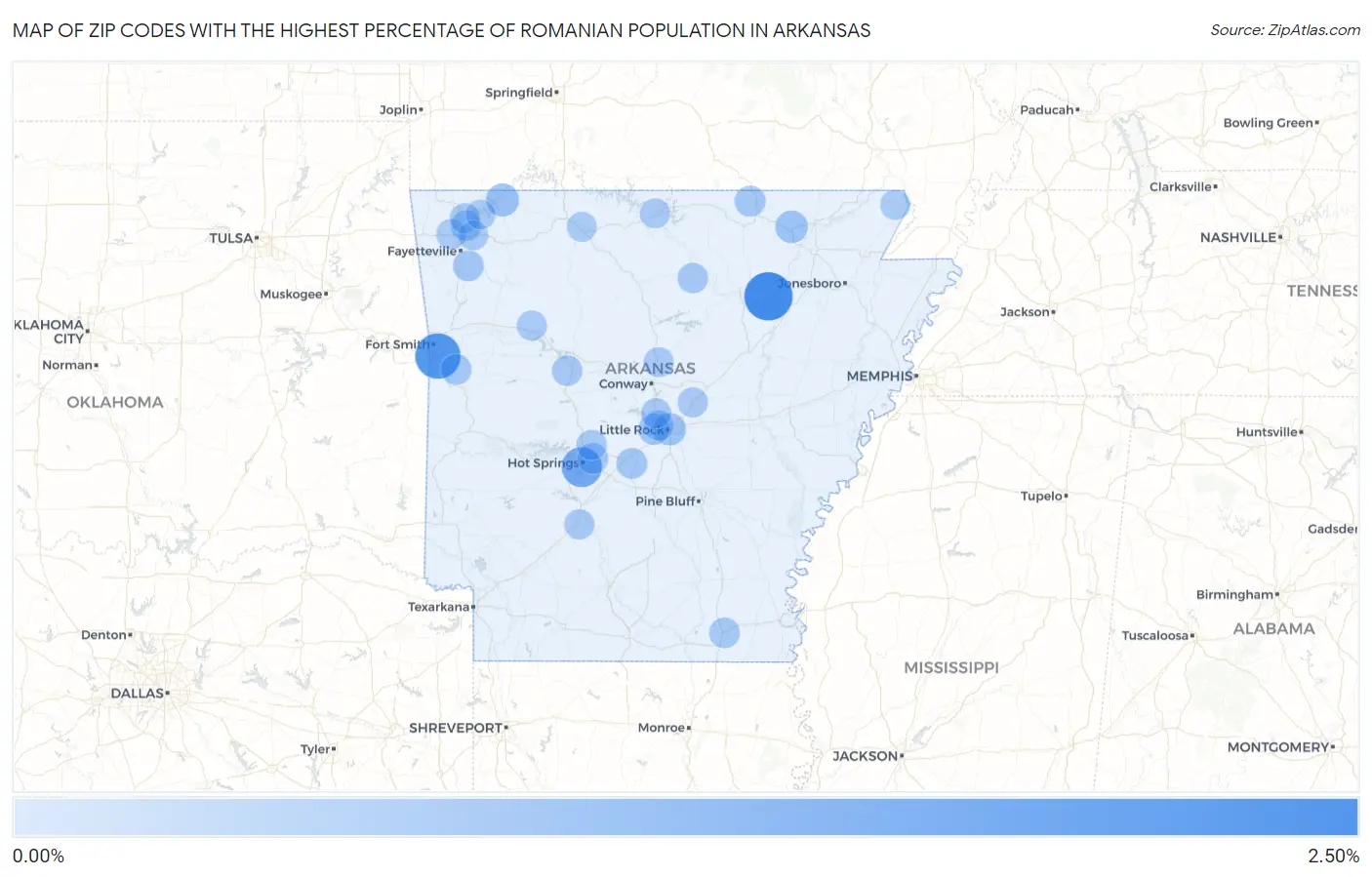 Zip Codes with the Highest Percentage of Romanian Population in Arkansas Map