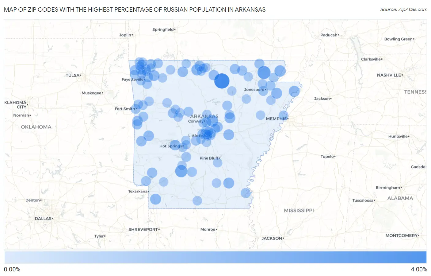 Zip Codes with the Highest Percentage of Russian Population in Arkansas Map