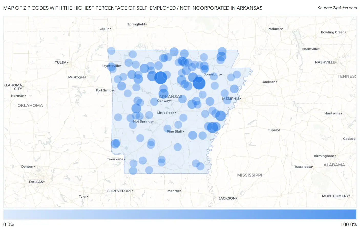 Zip Codes with the Highest Percentage of Self-Employed / Not Incorporated in Arkansas Map
