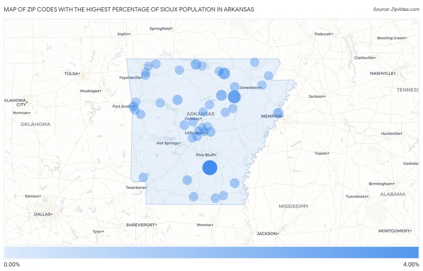 Zip Codes with the Highest Percentage of Sioux Population in Arkansas Map
