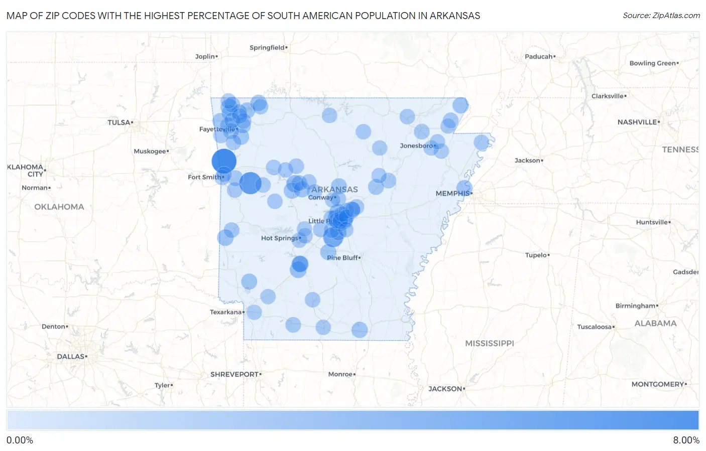 Zip Codes with the Highest Percentage of South American Population in Arkansas Map
