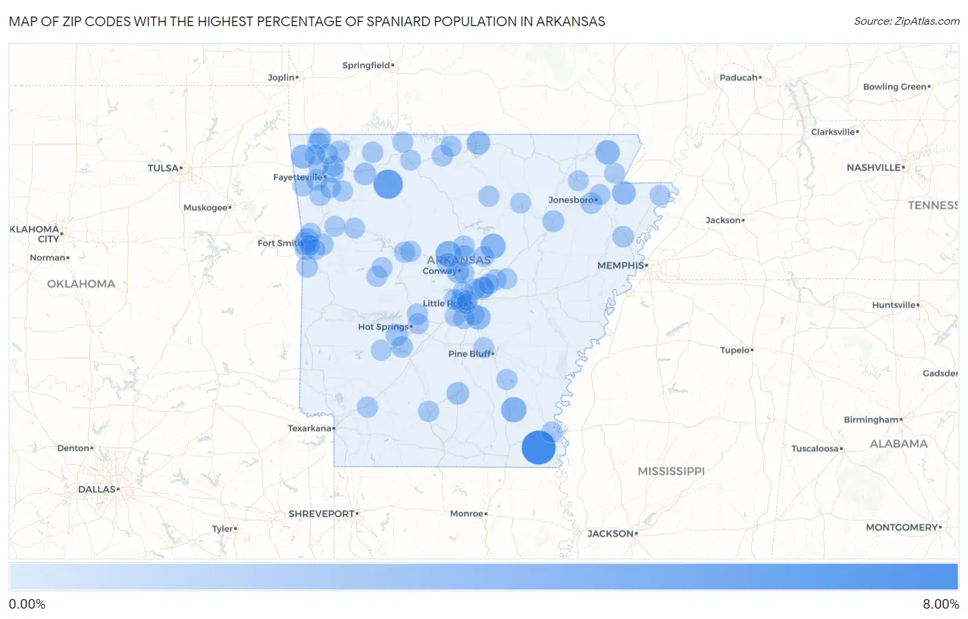 Zip Codes with the Highest Percentage of Spaniard Population in Arkansas Map