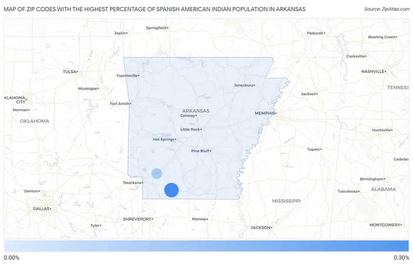 Zip Codes with the Highest Percentage of Spanish American Indian Population in Arkansas Map