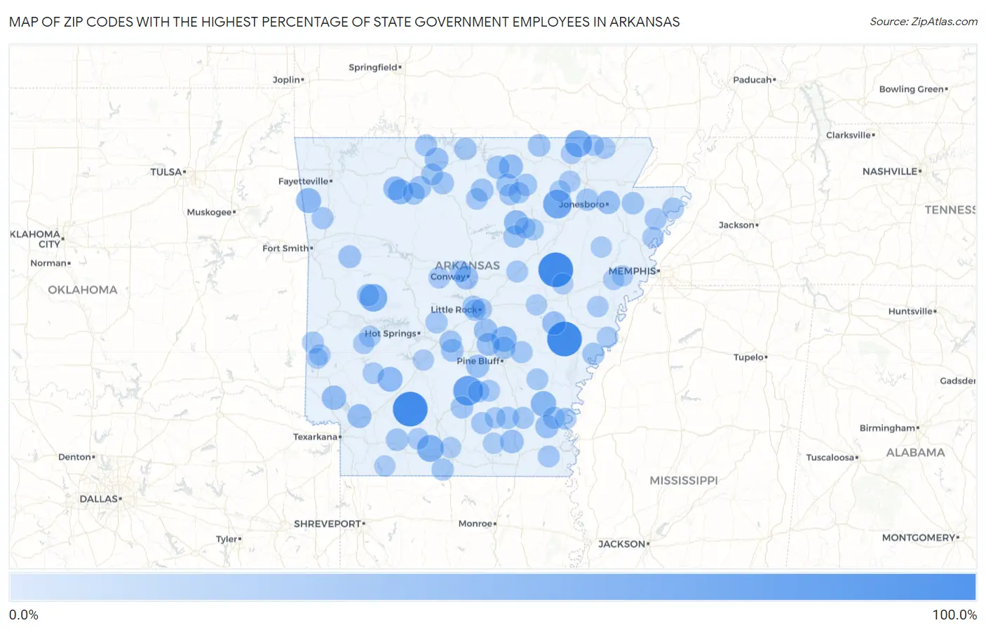 Zip Codes with the Highest Percentage of State Government Employees in Arkansas Map
