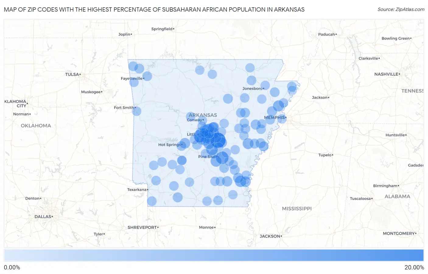 Zip Codes with the Highest Percentage of Subsaharan African Population in Arkansas Map