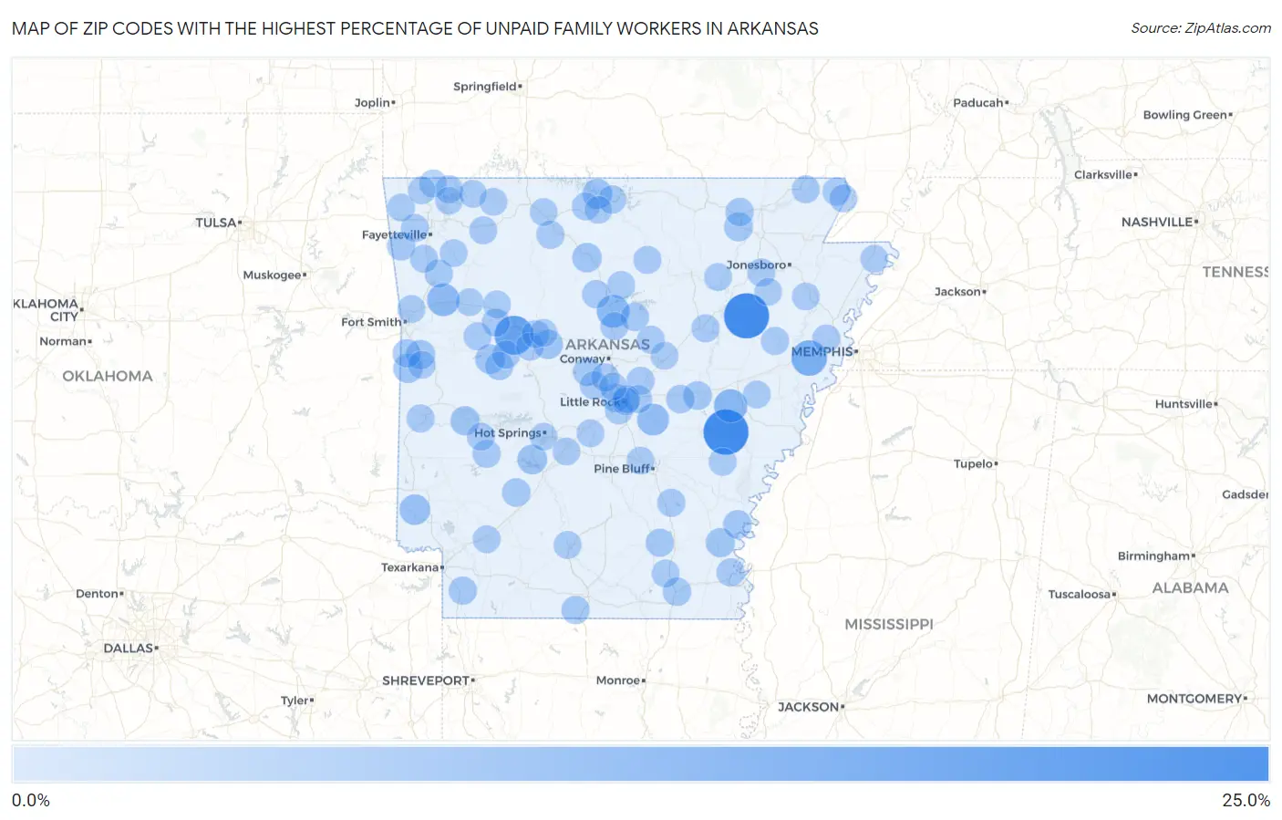 Zip Codes with the Highest Percentage of Unpaid Family Workers in Arkansas Map