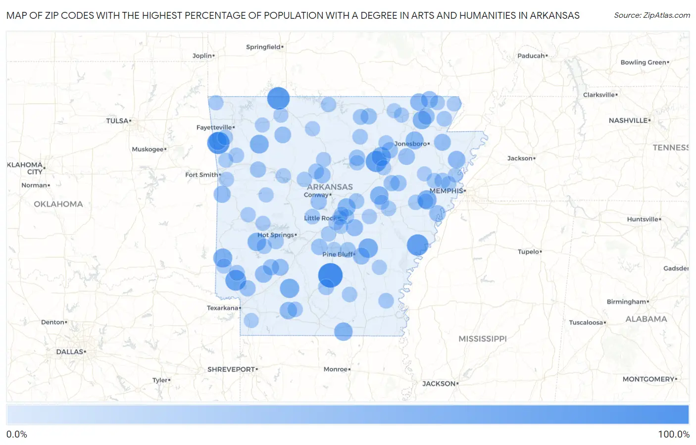 Zip Codes with the Highest Percentage of Population with a Degree in Arts and Humanities in Arkansas Map