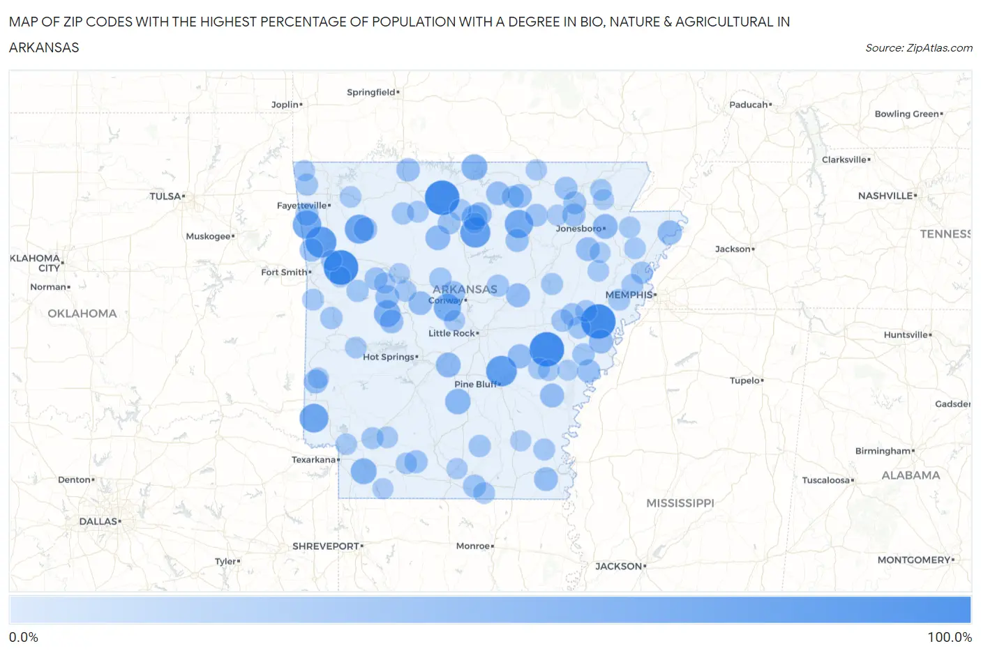 Zip Codes with the Highest Percentage of Population with a Degree in Bio, Nature & Agricultural in Arkansas Map
