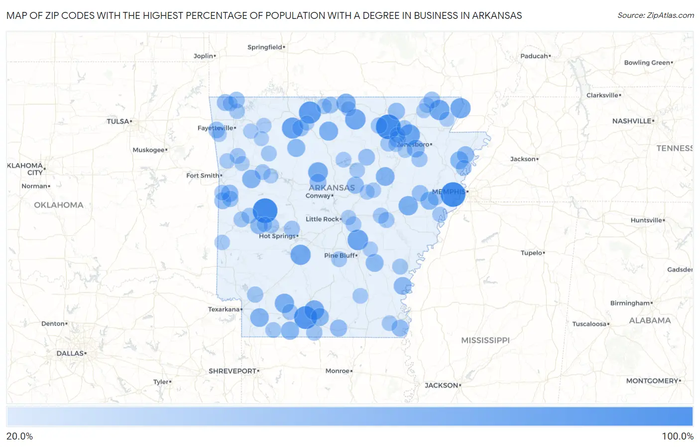 Zip Codes with the Highest Percentage of Population with a Degree in Business in Arkansas Map