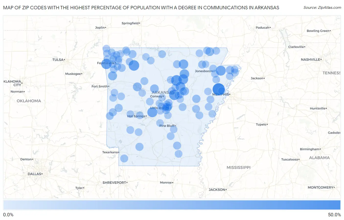 Zip Codes with the Highest Percentage of Population with a Degree in Communications in Arkansas Map