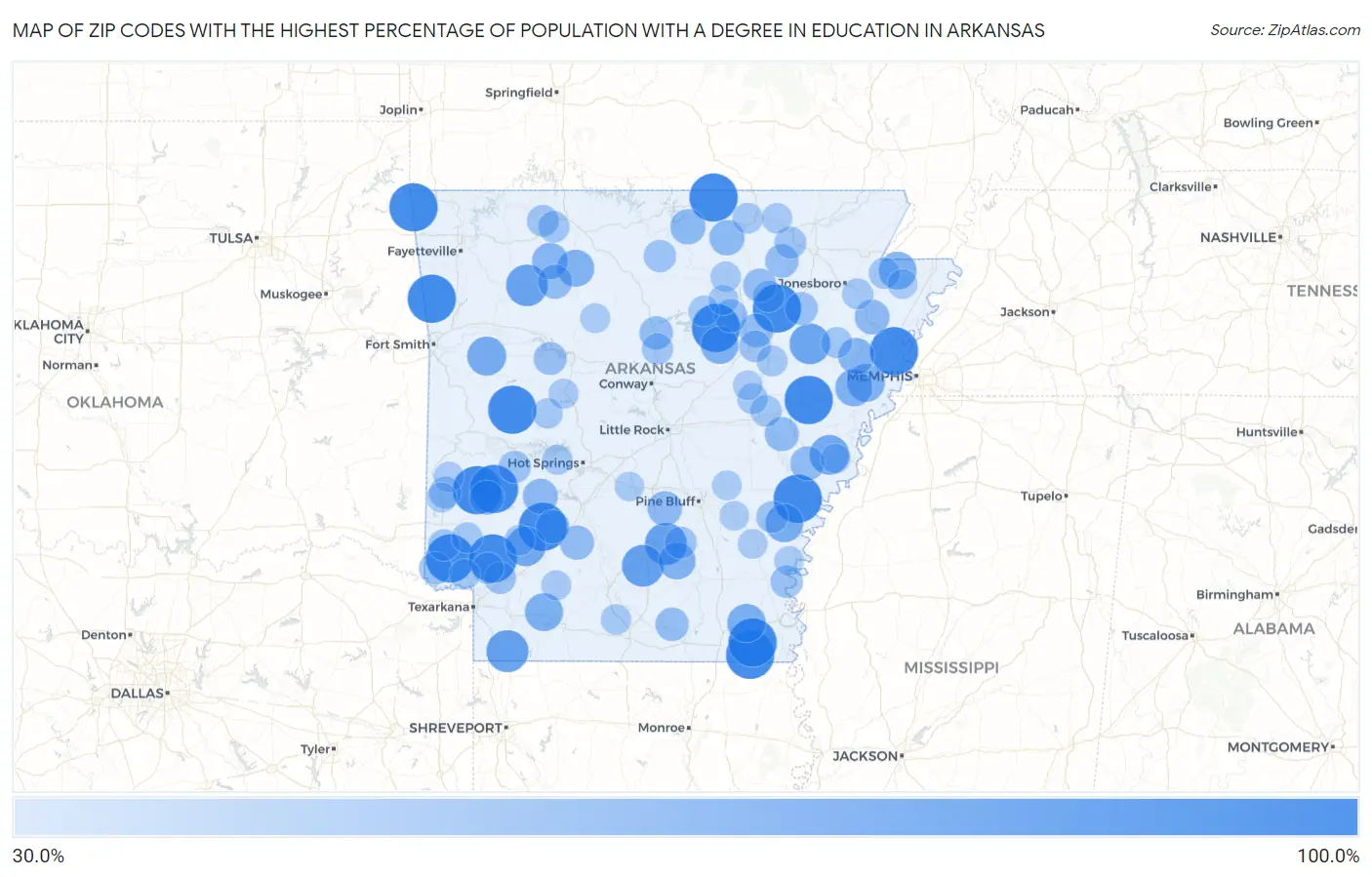 Zip Codes with the Highest Percentage of Population with a Degree in Education in Arkansas Map