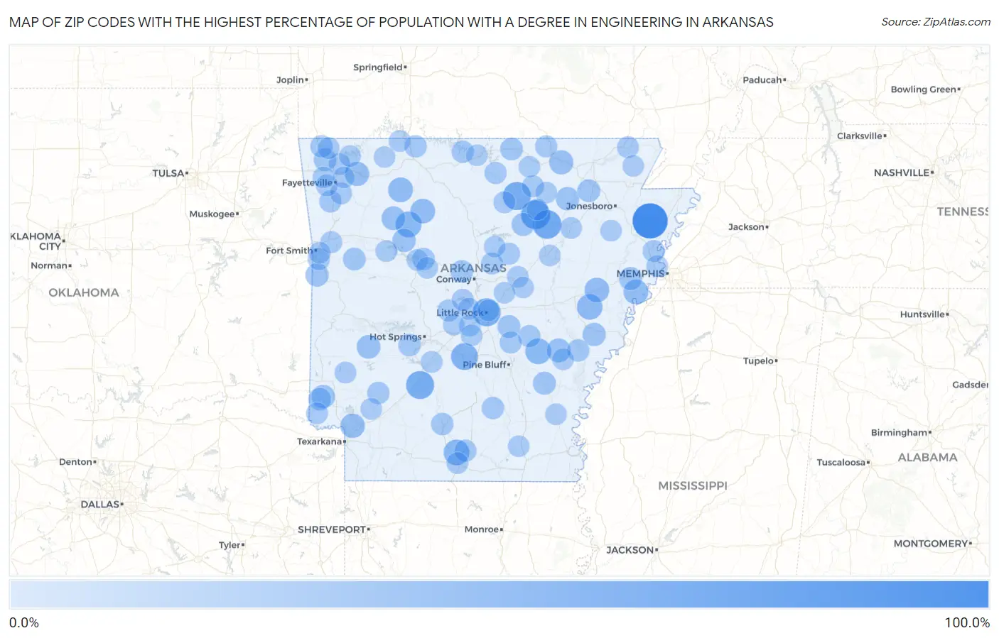 Zip Codes with the Highest Percentage of Population with a Degree in Engineering in Arkansas Map