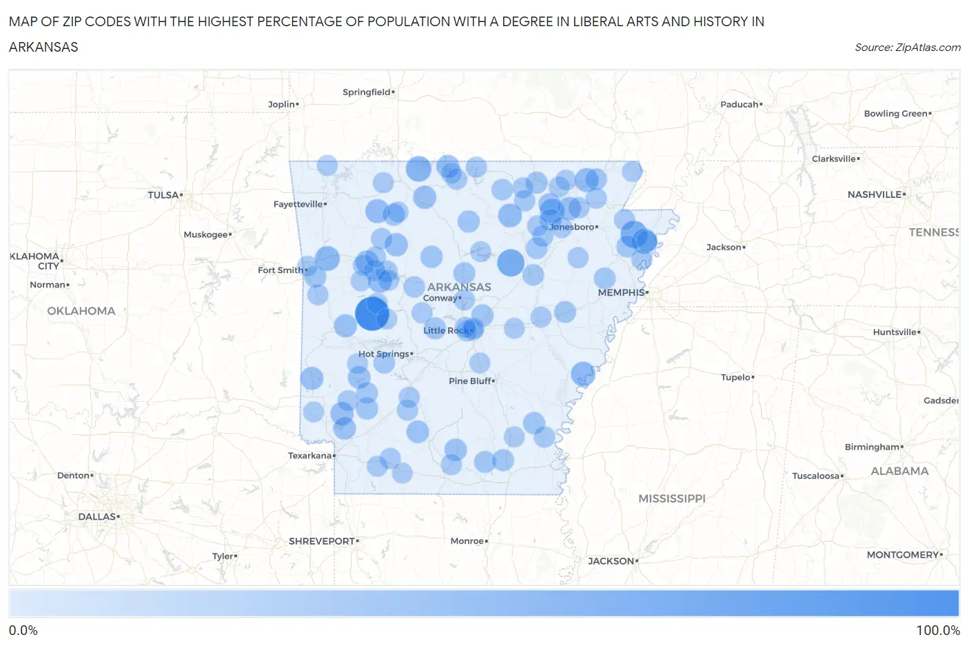 Zip Codes with the Highest Percentage of Population with a Degree in Liberal Arts and History in Arkansas Map