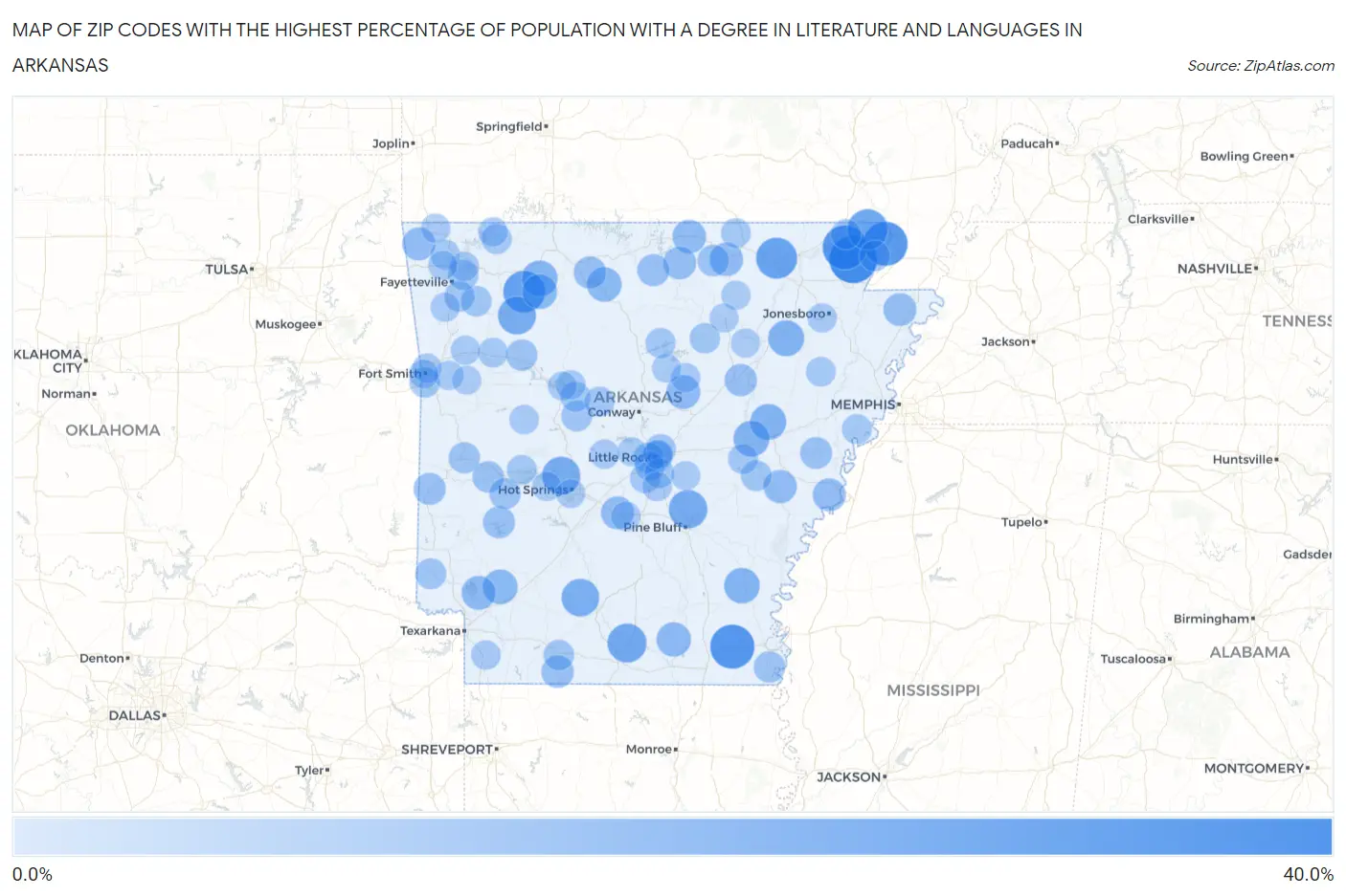 Zip Codes with the Highest Percentage of Population with a Degree in Literature and Languages in Arkansas Map