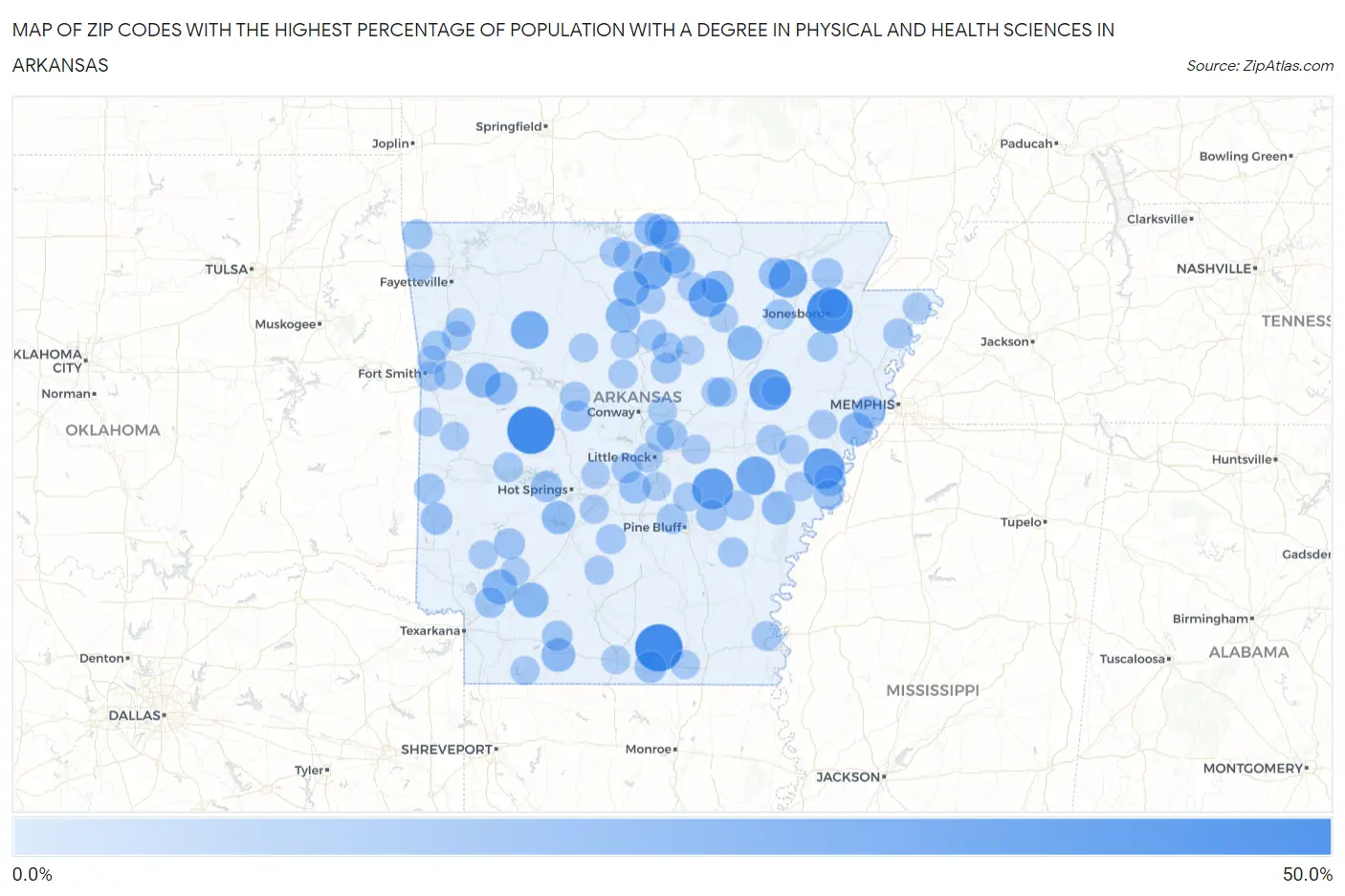 Zip Codes with the Highest Percentage of Population with a Degree in Physical and Health Sciences in Arkansas Map
