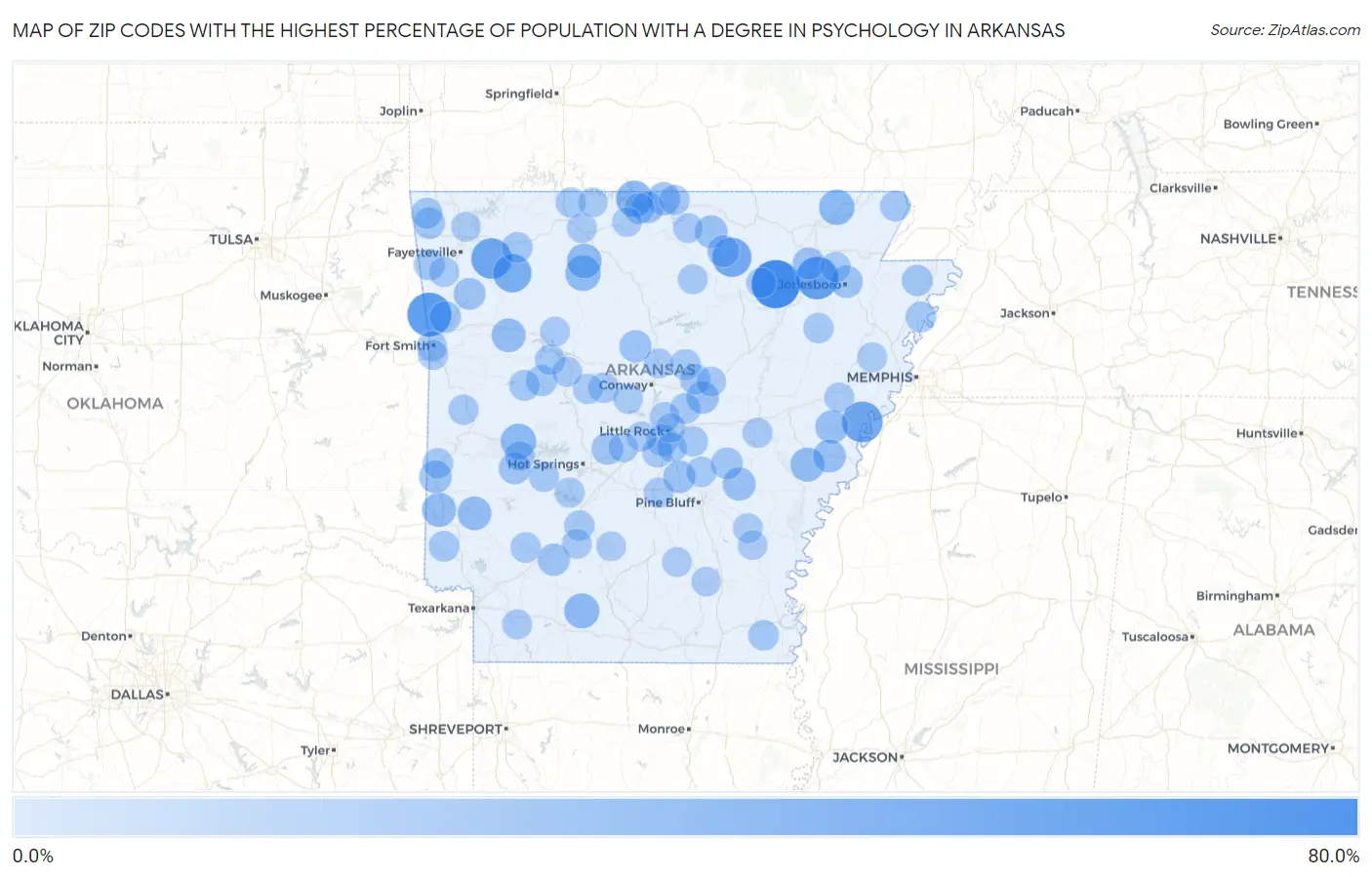 Zip Codes with the Highest Percentage of Population with a Degree in Psychology in Arkansas Map