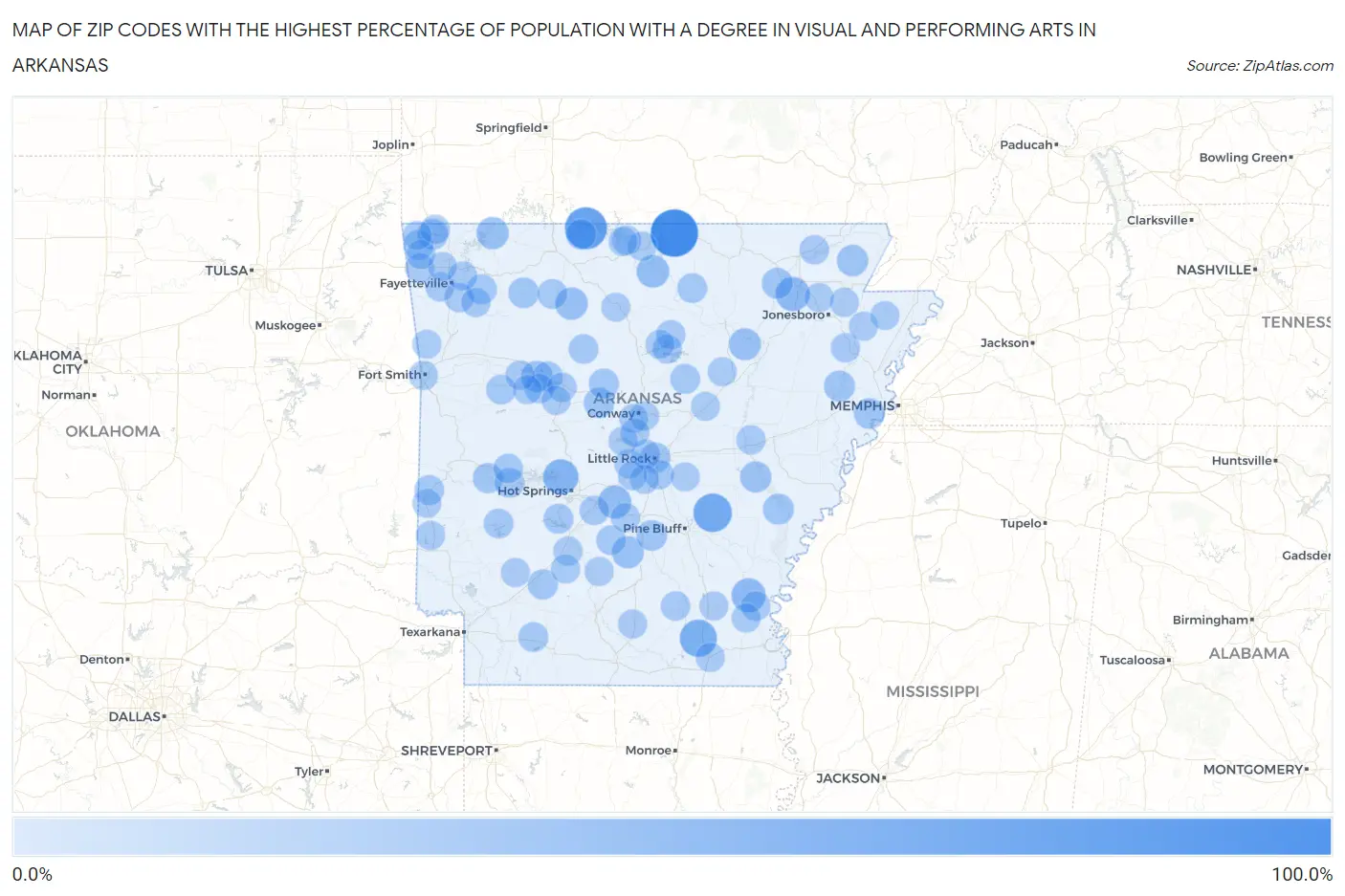 Zip Codes with the Highest Percentage of Population with a Degree in Visual and Performing Arts in Arkansas Map