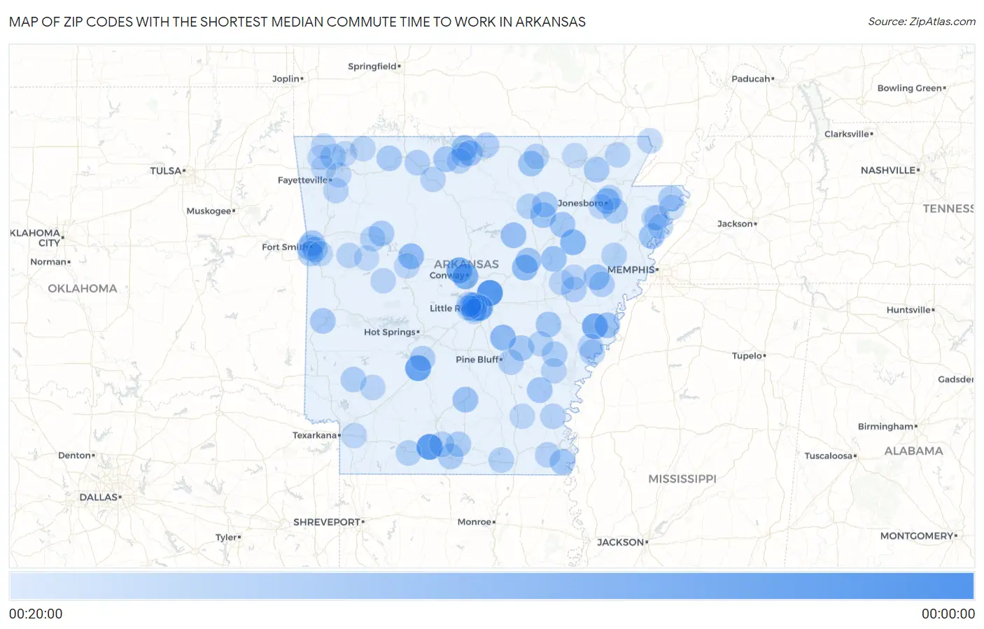 Zip Codes with the Shortest Median Commute Time to Work in Arkansas Map