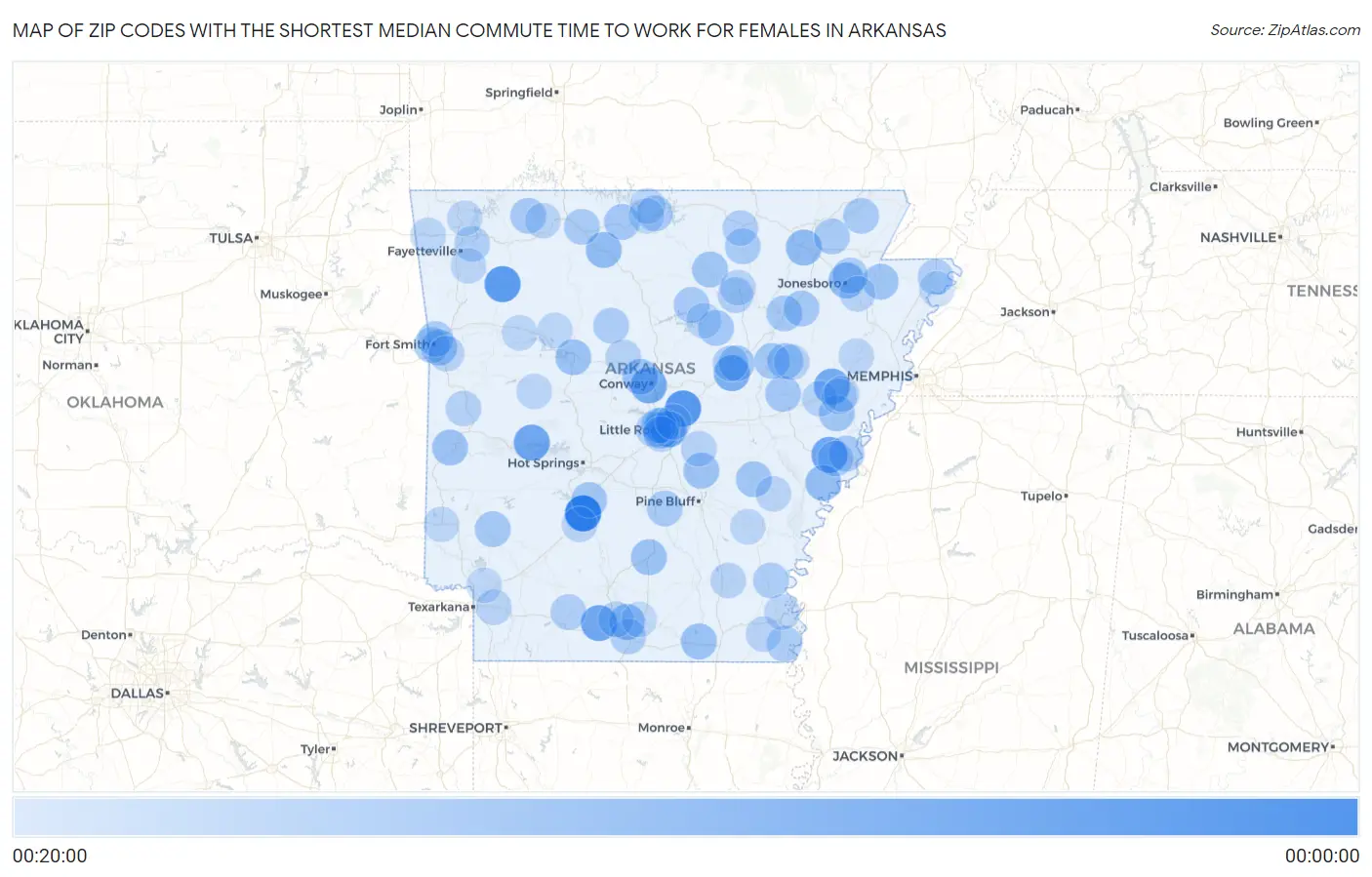 Zip Codes with the Shortest Median Commute Time to Work for Females in Arkansas Map