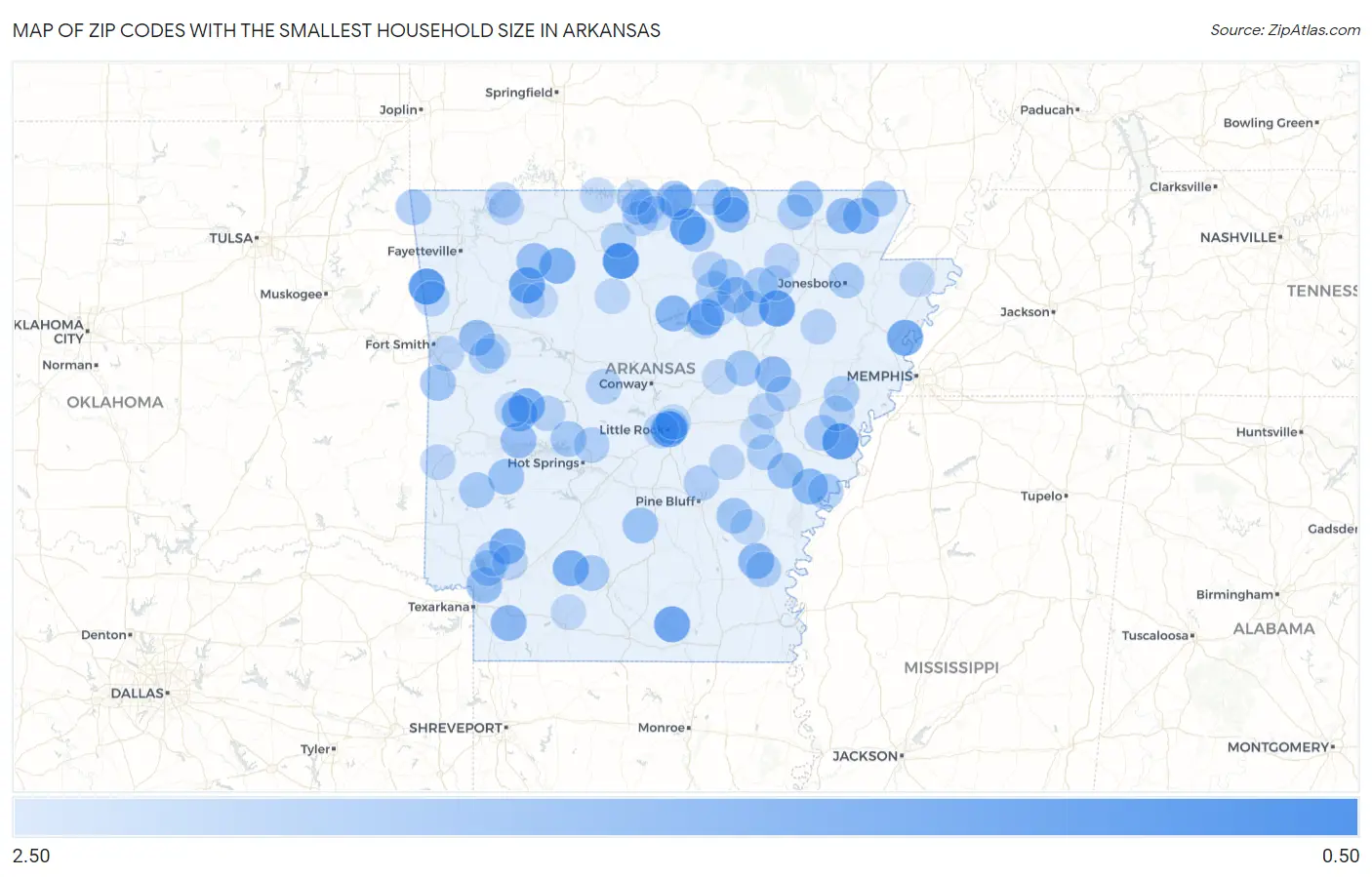 Zip Codes with the Smallest Household Size in Arkansas Map