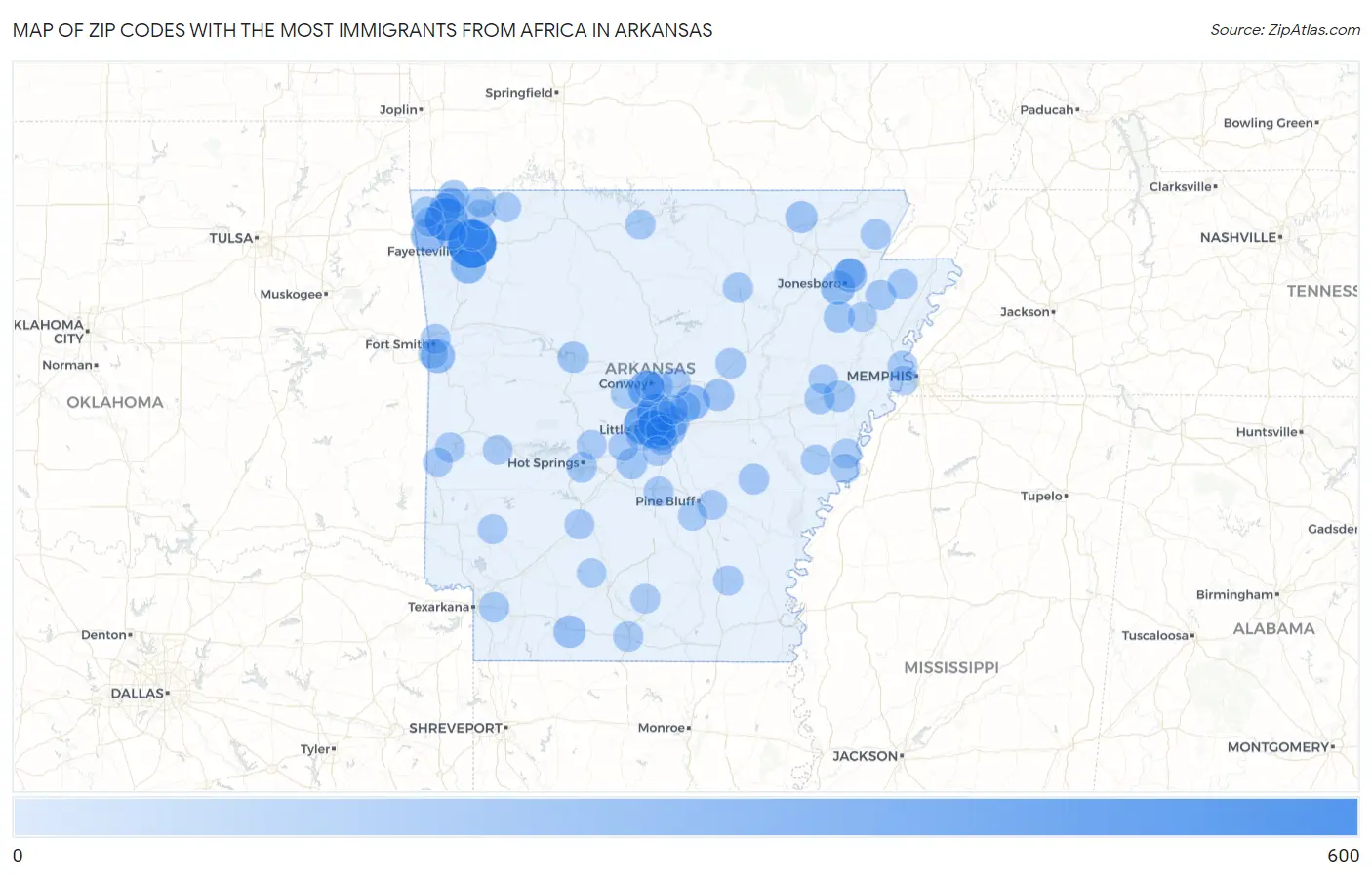 Zip Codes with the Most Immigrants from Africa in Arkansas Map