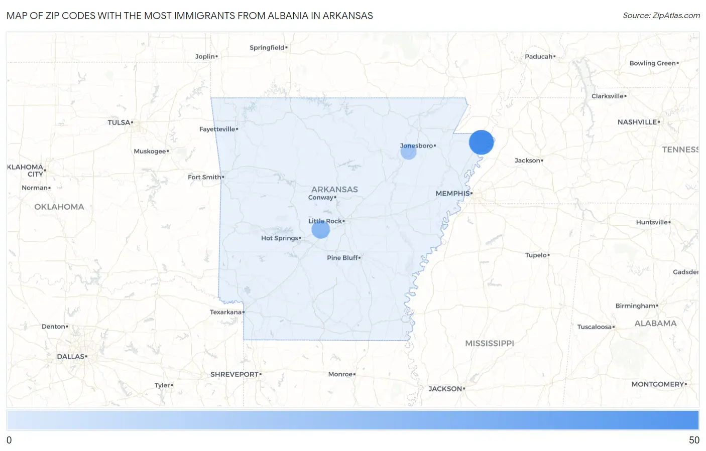 Zip Codes with the Most Immigrants from Albania in Arkansas Map