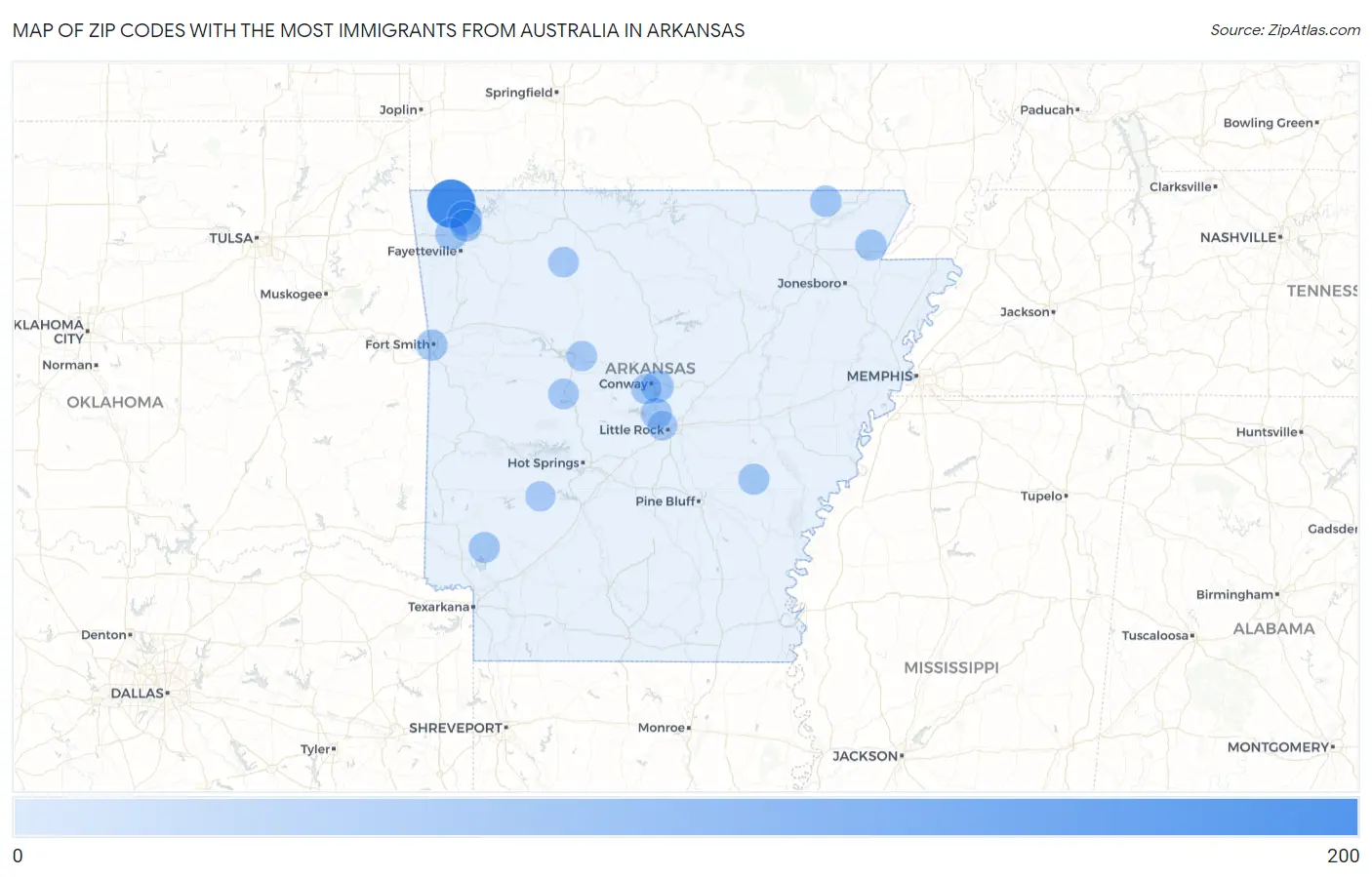 Zip Codes with the Most Immigrants from Australia in Arkansas Map