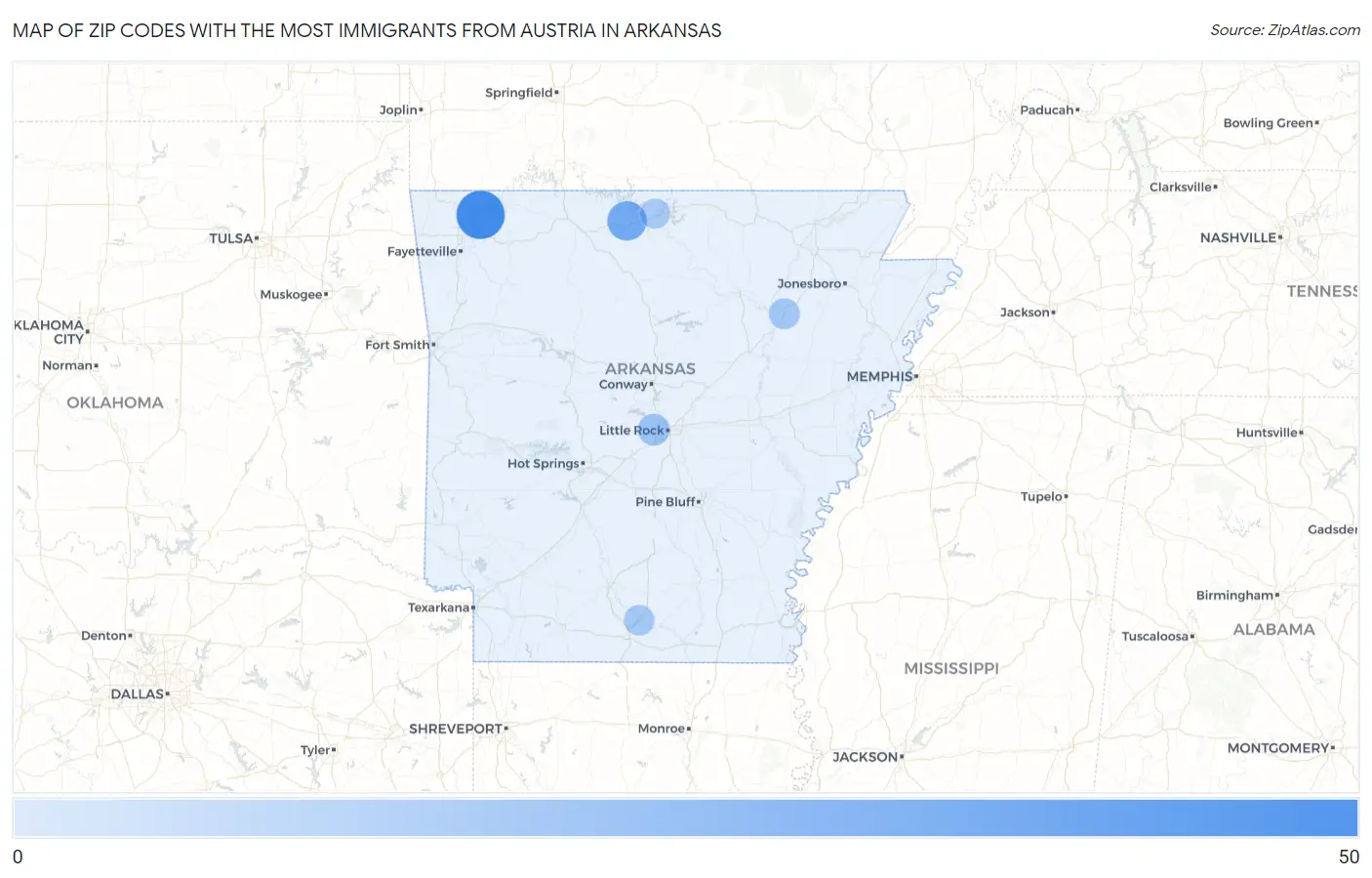 Zip Codes with the Most Immigrants from Austria in Arkansas Map