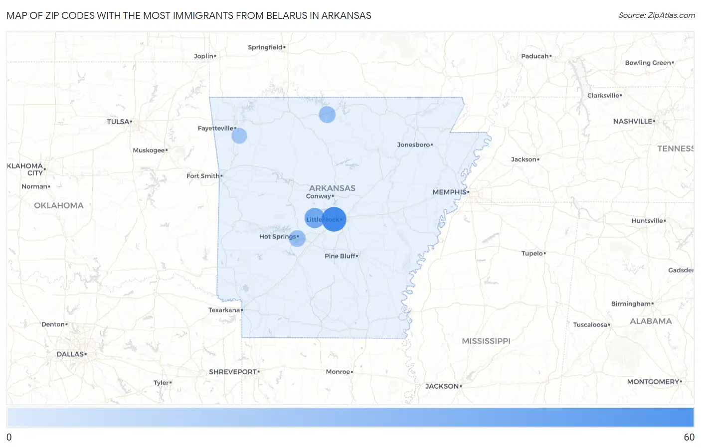 Zip Codes with the Most Immigrants from Belarus in Arkansas Map