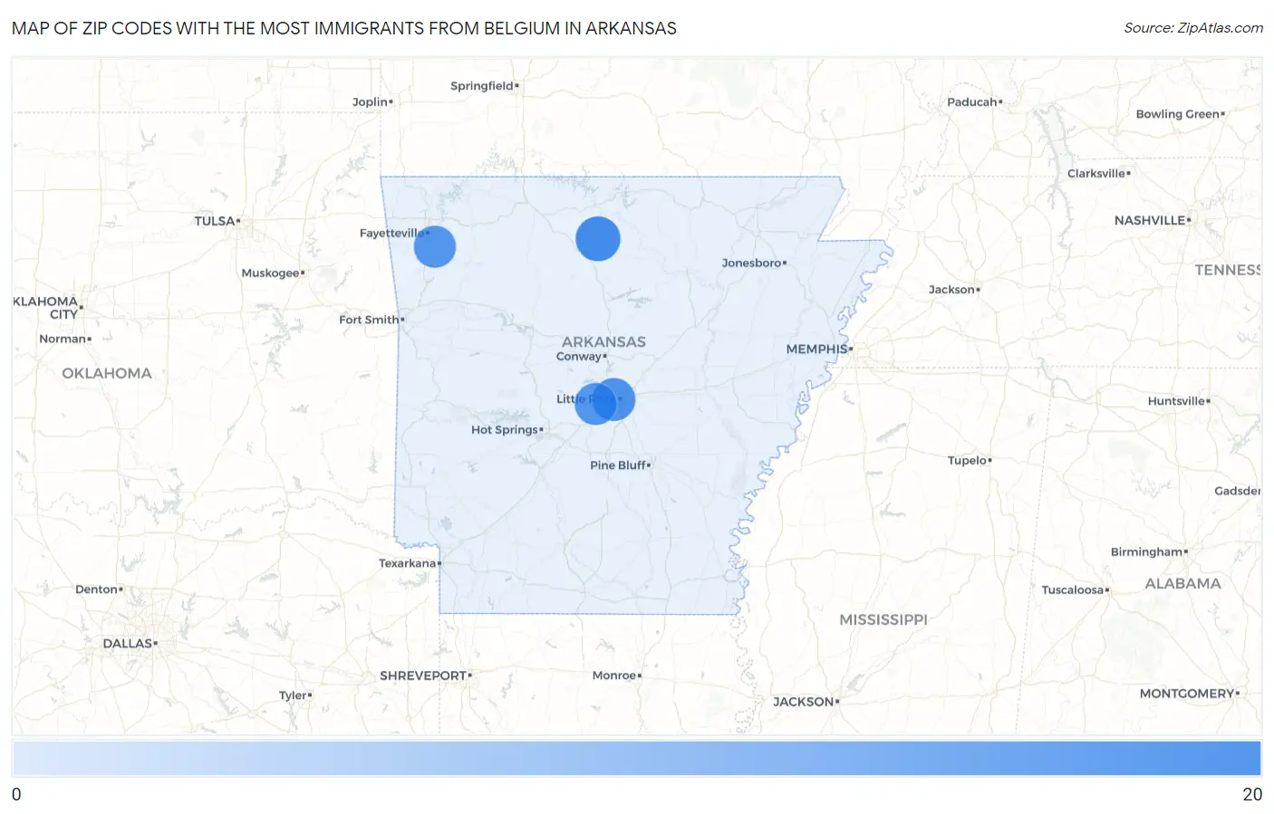 Zip Codes with the Most Immigrants from Belgium in Arkansas Map