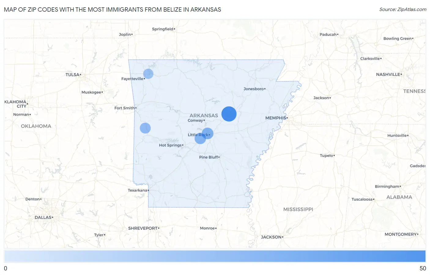 Zip Codes with the Most Immigrants from Belize in Arkansas Map