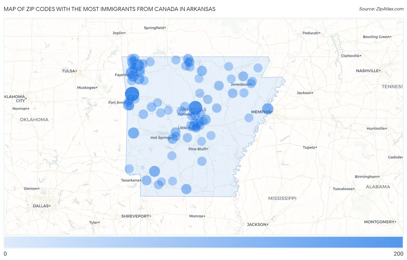 Zip Codes with the Most Immigrants from Canada in Arkansas Map