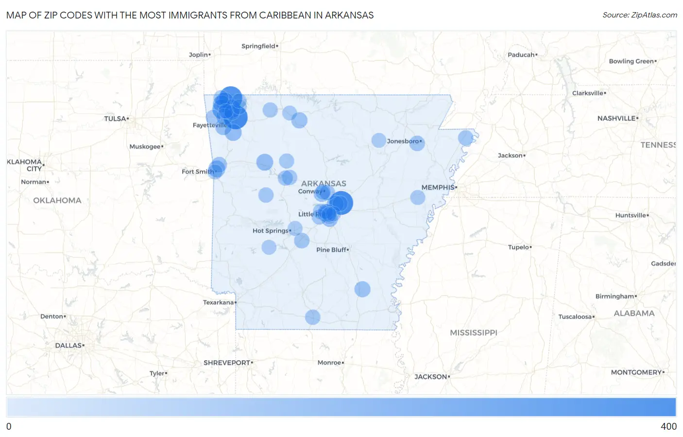Zip Codes with the Most Immigrants from Caribbean in Arkansas Map