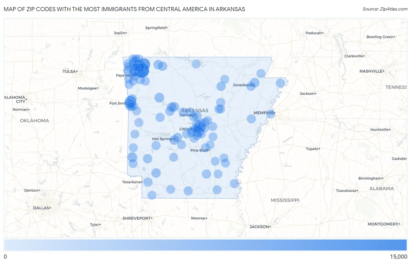 Zip Codes with the Most Immigrants from Central America in Arkansas Map