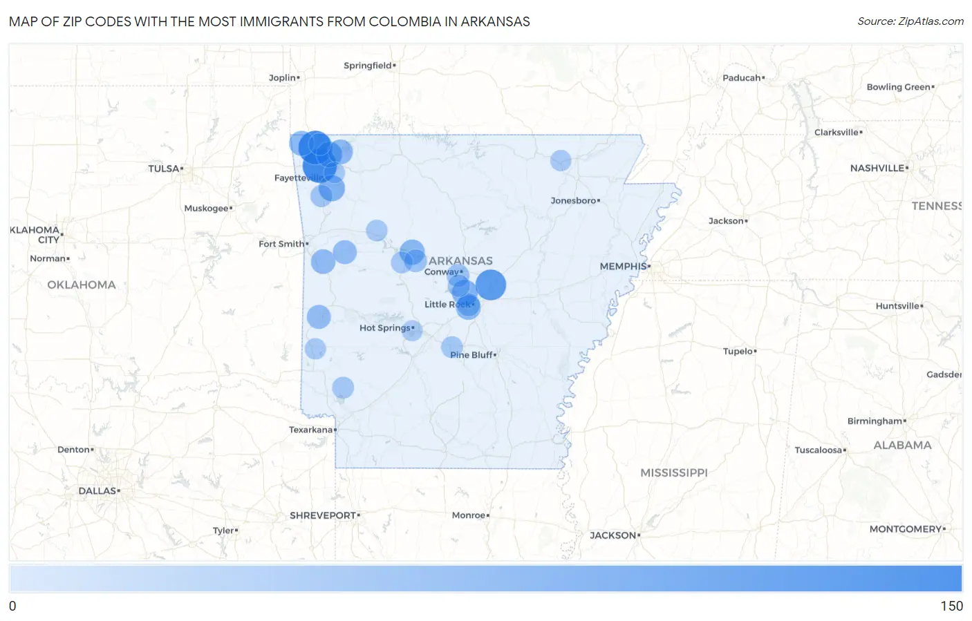 Zip Codes with the Most Immigrants from Colombia in Arkansas Map