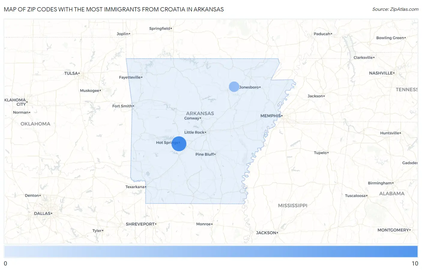Zip Codes with the Most Immigrants from Croatia in Arkansas Map