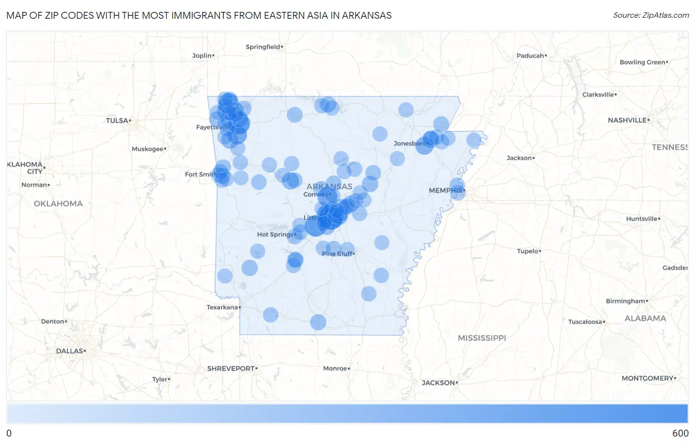 Zip Codes with the Most Immigrants from Eastern Asia in Arkansas Map