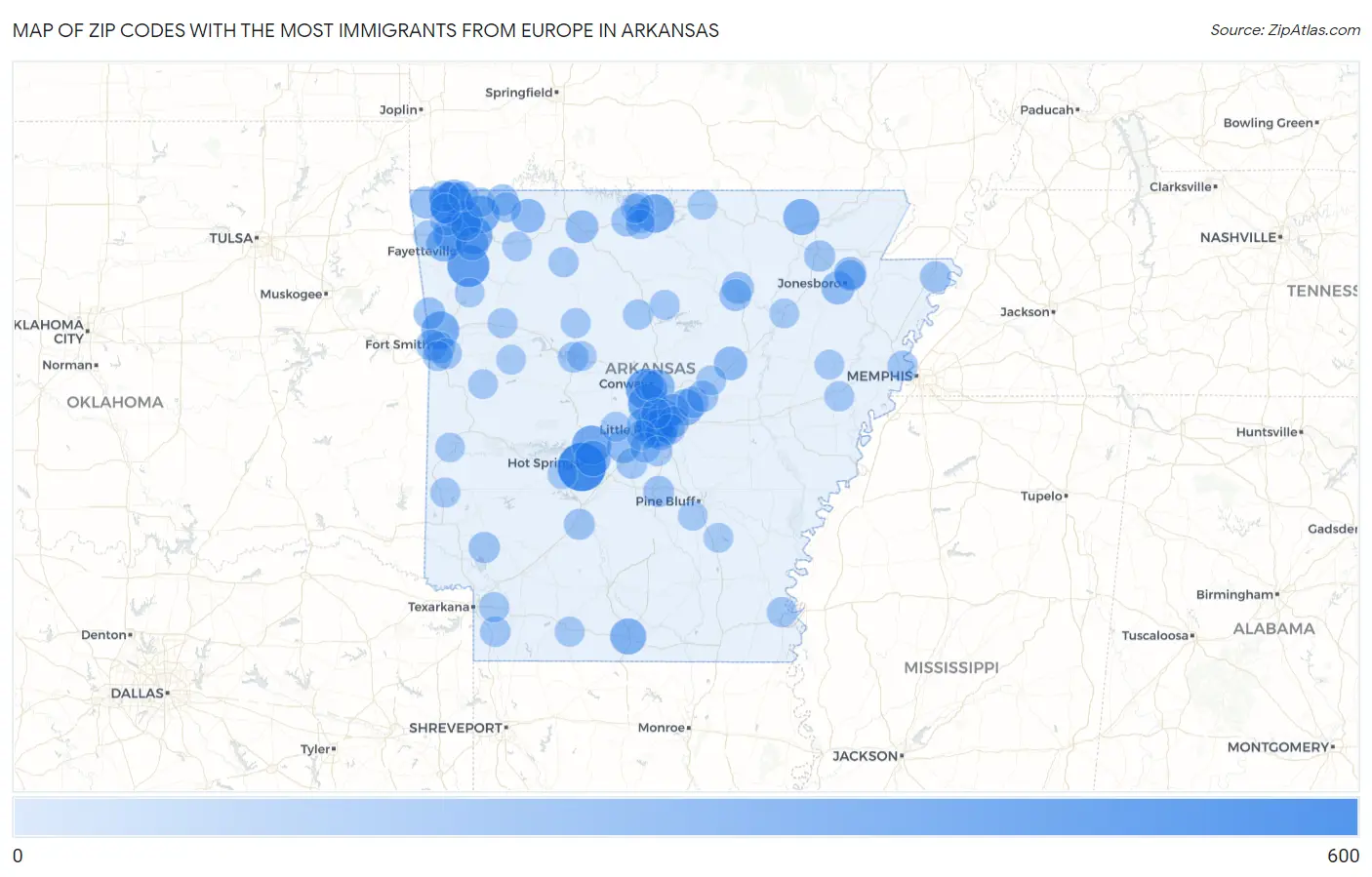 Zip Codes with the Most Immigrants from Europe in Arkansas Map