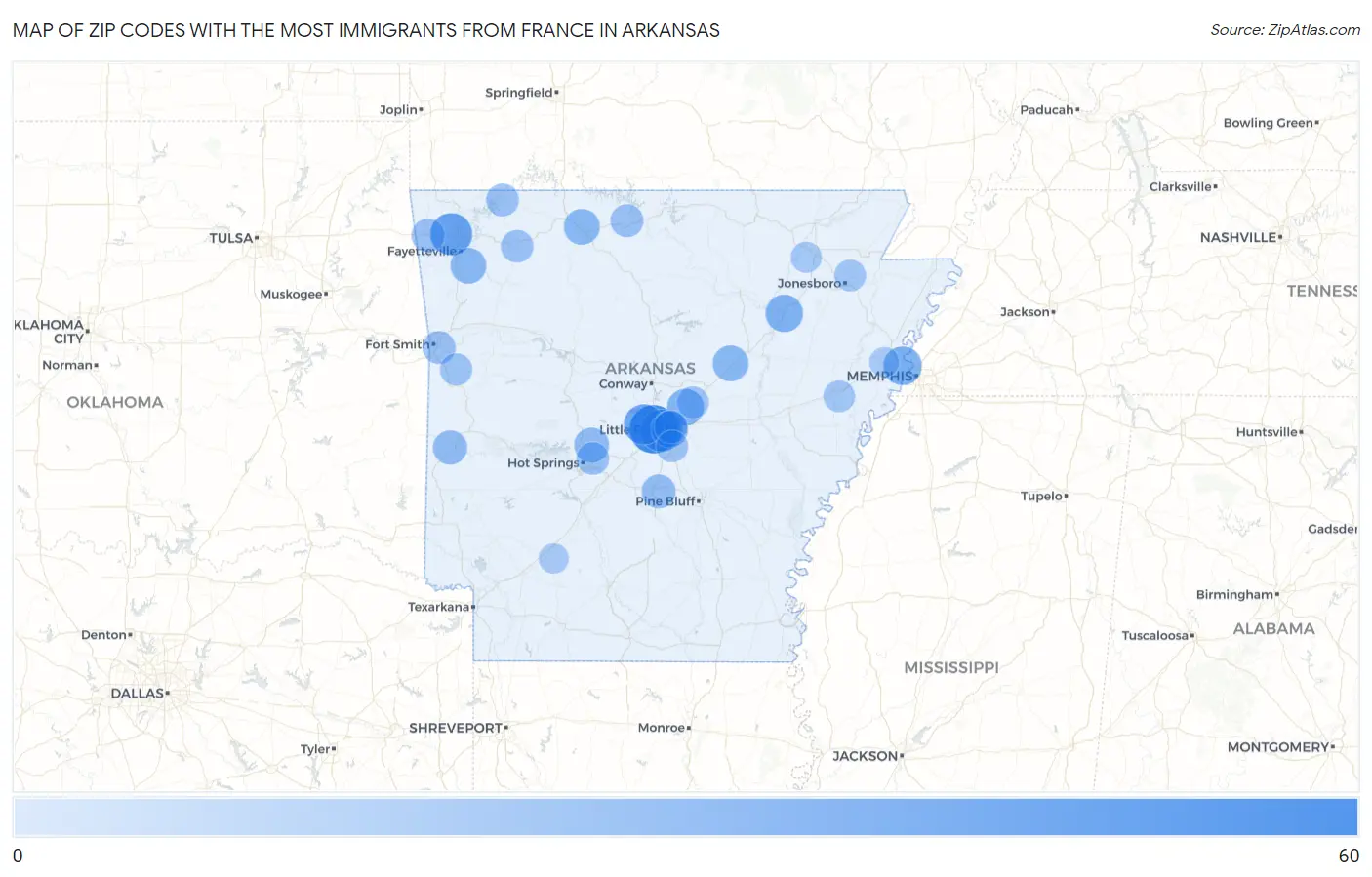 Zip Codes with the Most Immigrants from France in Arkansas Map