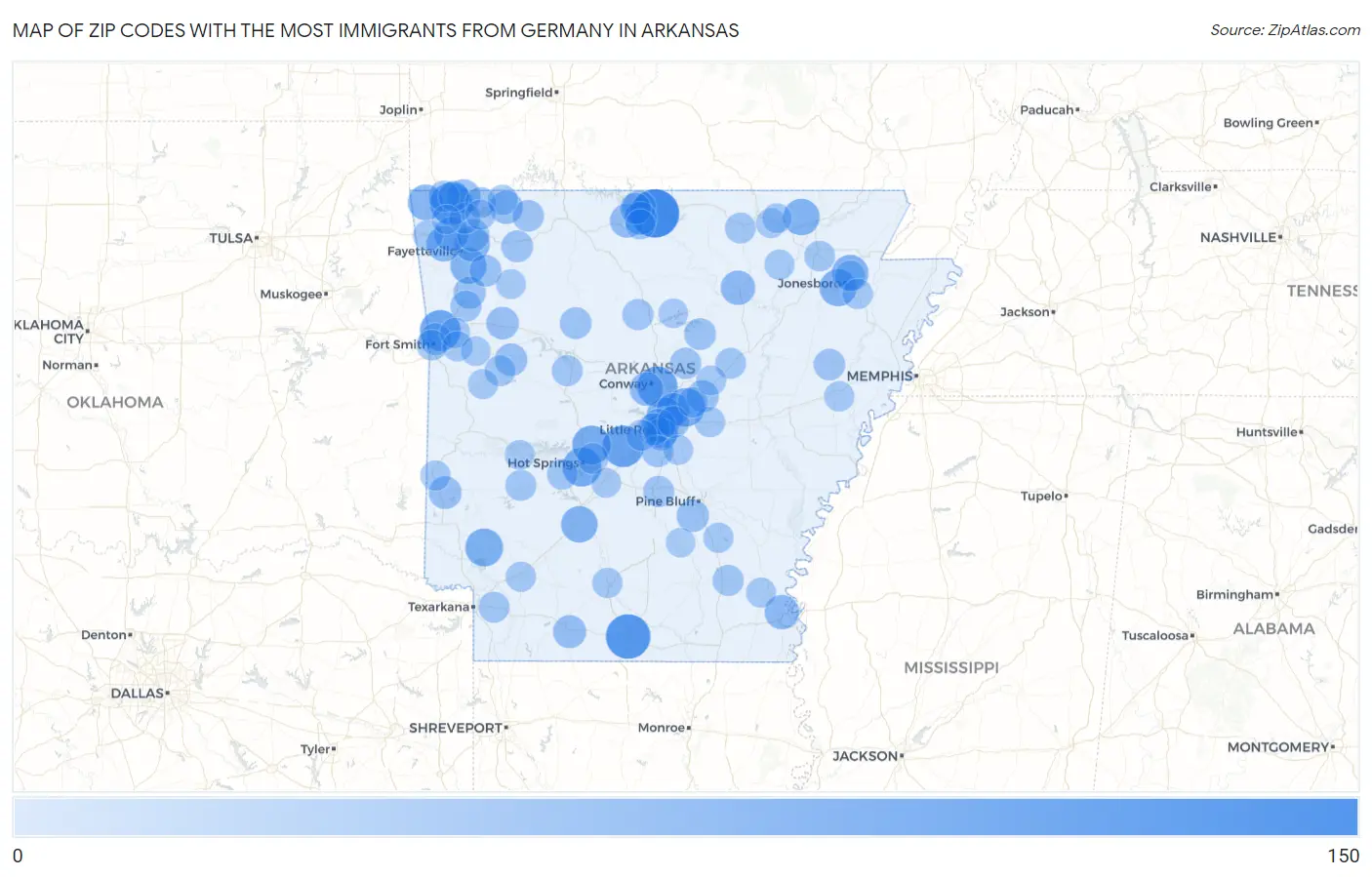 Zip Codes with the Most Immigrants from Germany in Arkansas Map